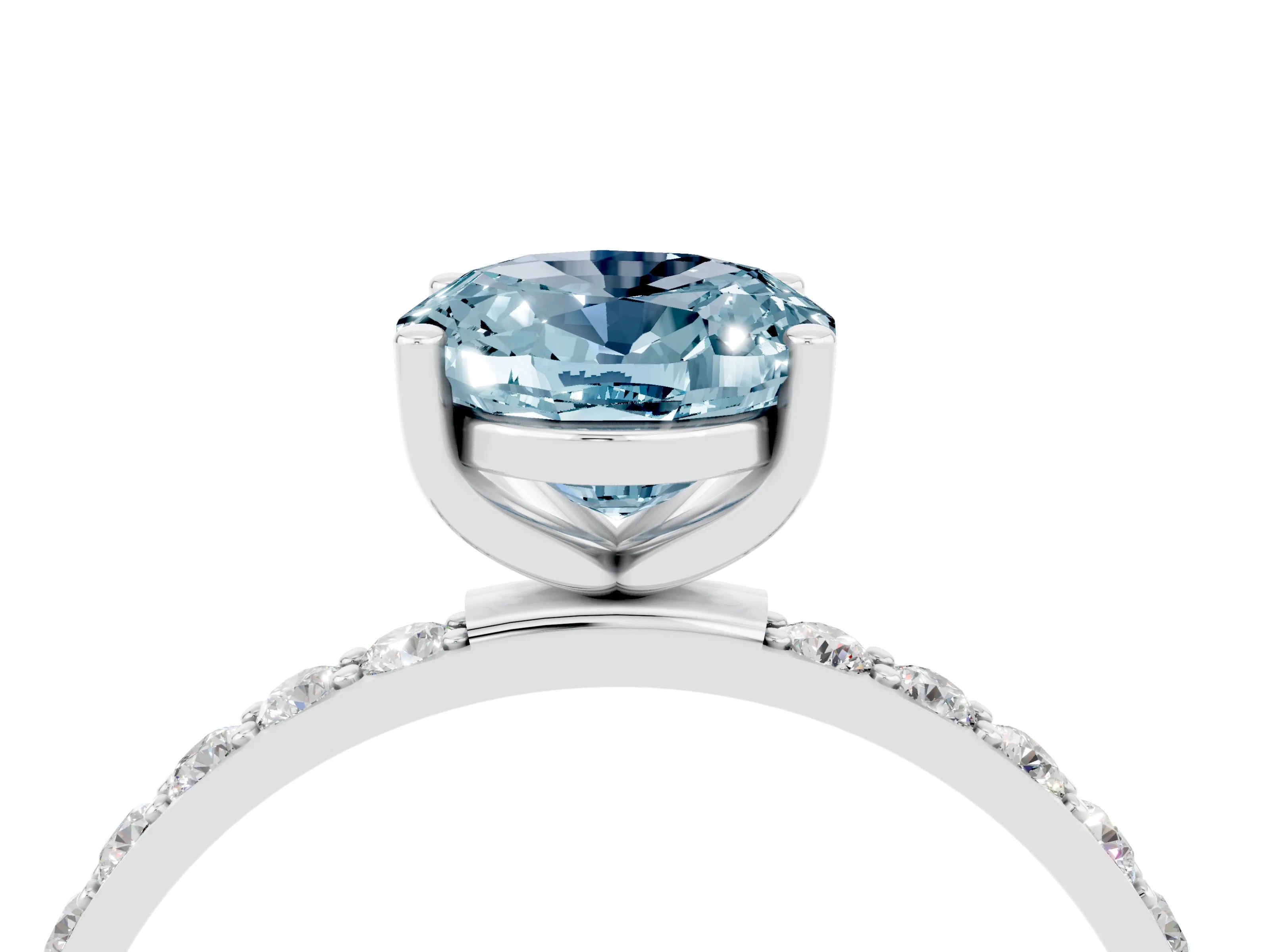 White gold Oval Cut Aquamarine Solitaire Ring with Pave Band and Four Prong Setting_28