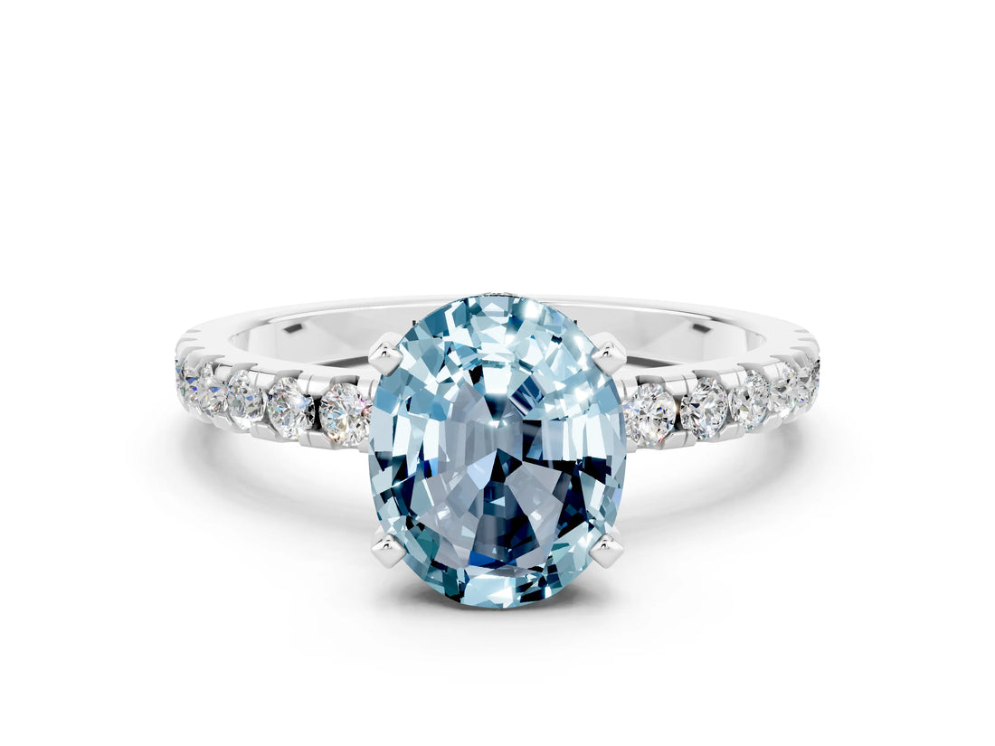 White gold Oval Cut Aquamarine Solitaire Ring with Round  Pavé Band and Four-Prong Setting_60