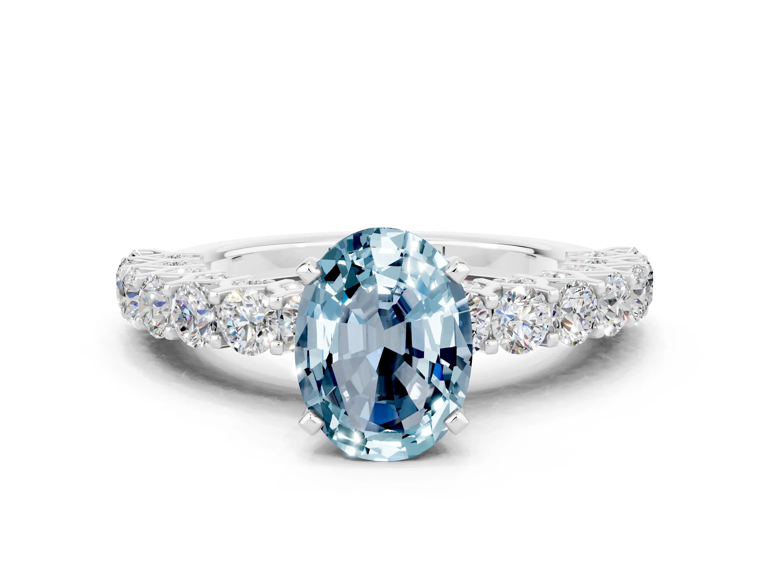White gold Oval Cut Aquamarine Solitaire Ring with Shared Prong Pavé Band and Four-Prong Setting_12