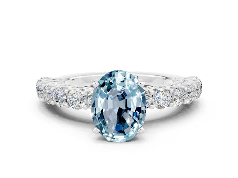 White gold Oval Cut Aquamarine Solitaire Ring with Shared Prong Pavé Band and Four-Prong Setting_12