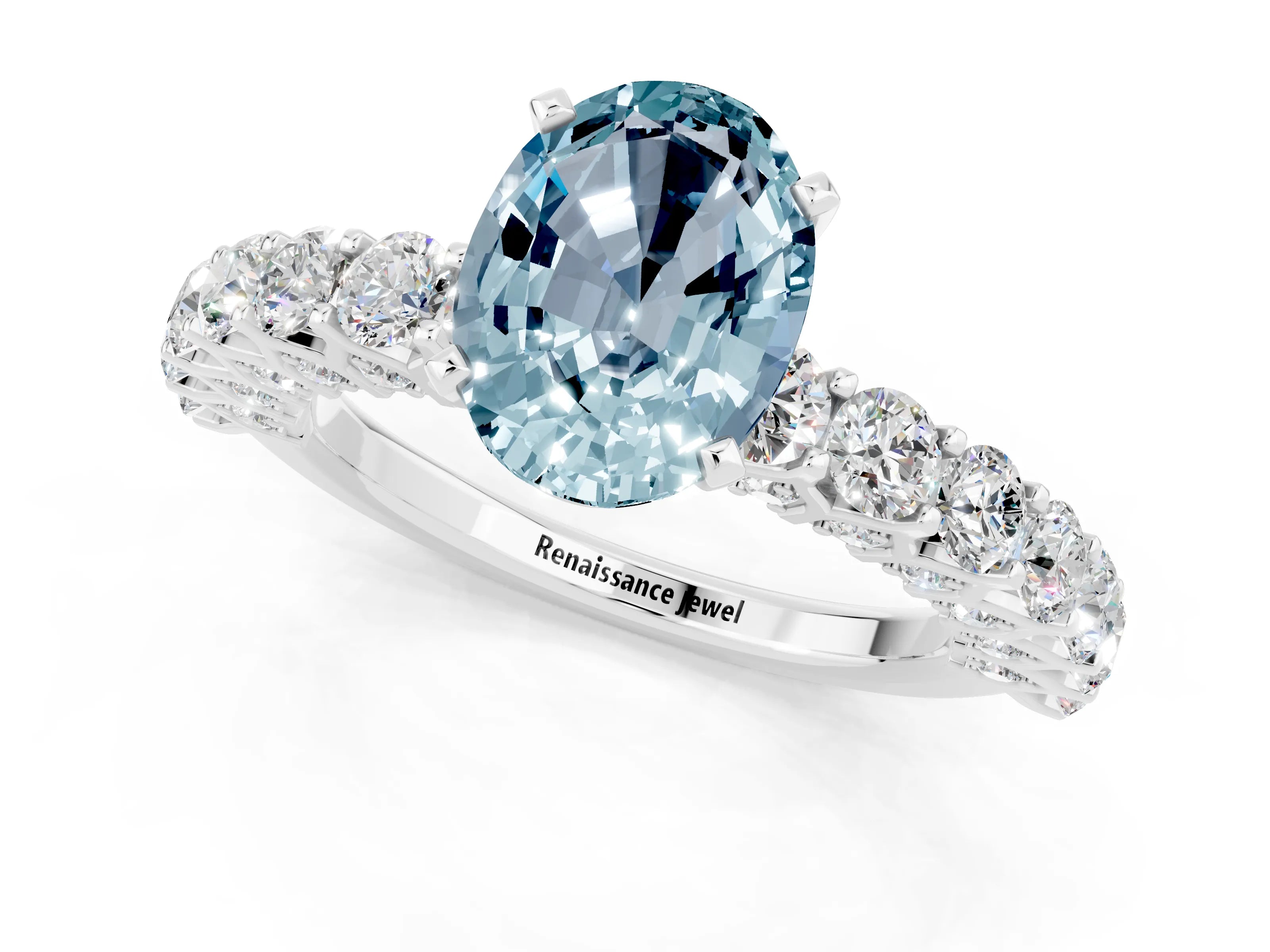 White gold Oval Cut Aquamarine Solitaire Ring with Shared Prong Pavé Band and Four-Prong Setting_13