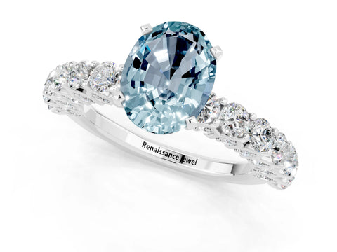 White gold Oval Cut Aquamarine Solitaire Ring with Shared Prong Pavé Band and Four-Prong Setting_13
