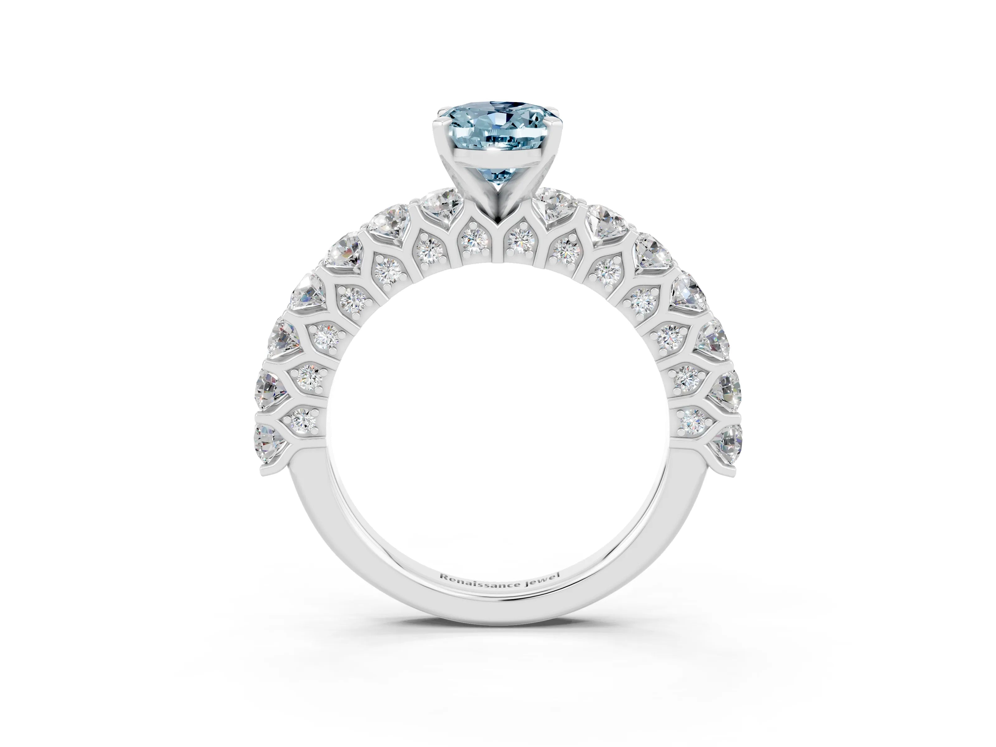 White gold Oval Cut Aquamarine Solitaire Ring with Shared Prong Pavé Band and Four-Prong Setting_15