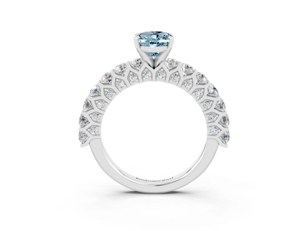 Silver Oval Cut Aquamarine Solitaire Ring with Shared Prong Pavé Band and Four-Prong Setting