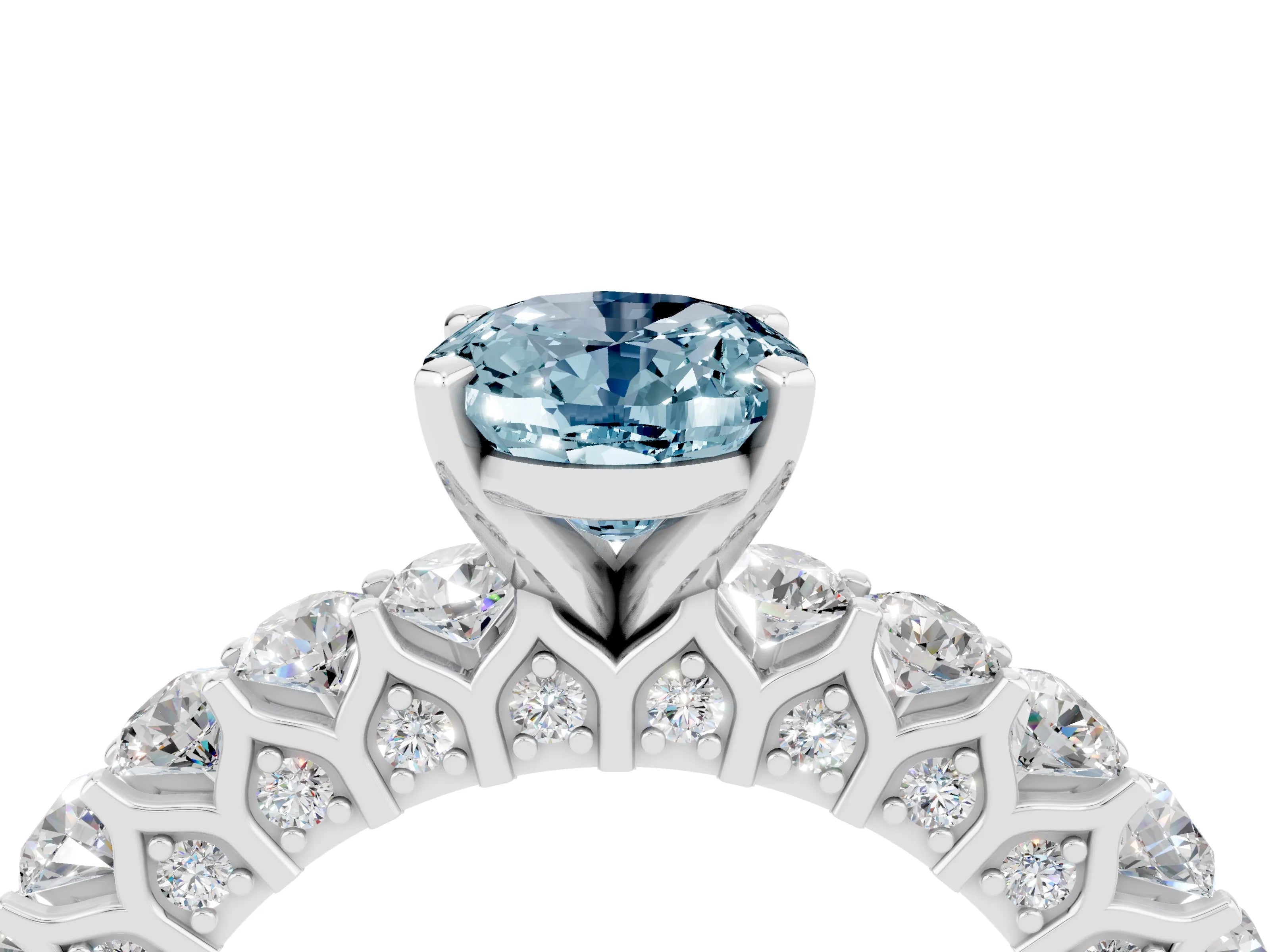 White gold Oval Cut Aquamarine Solitaire Ring with Shared Prong Pavé Band and Four-Prong Setting_16