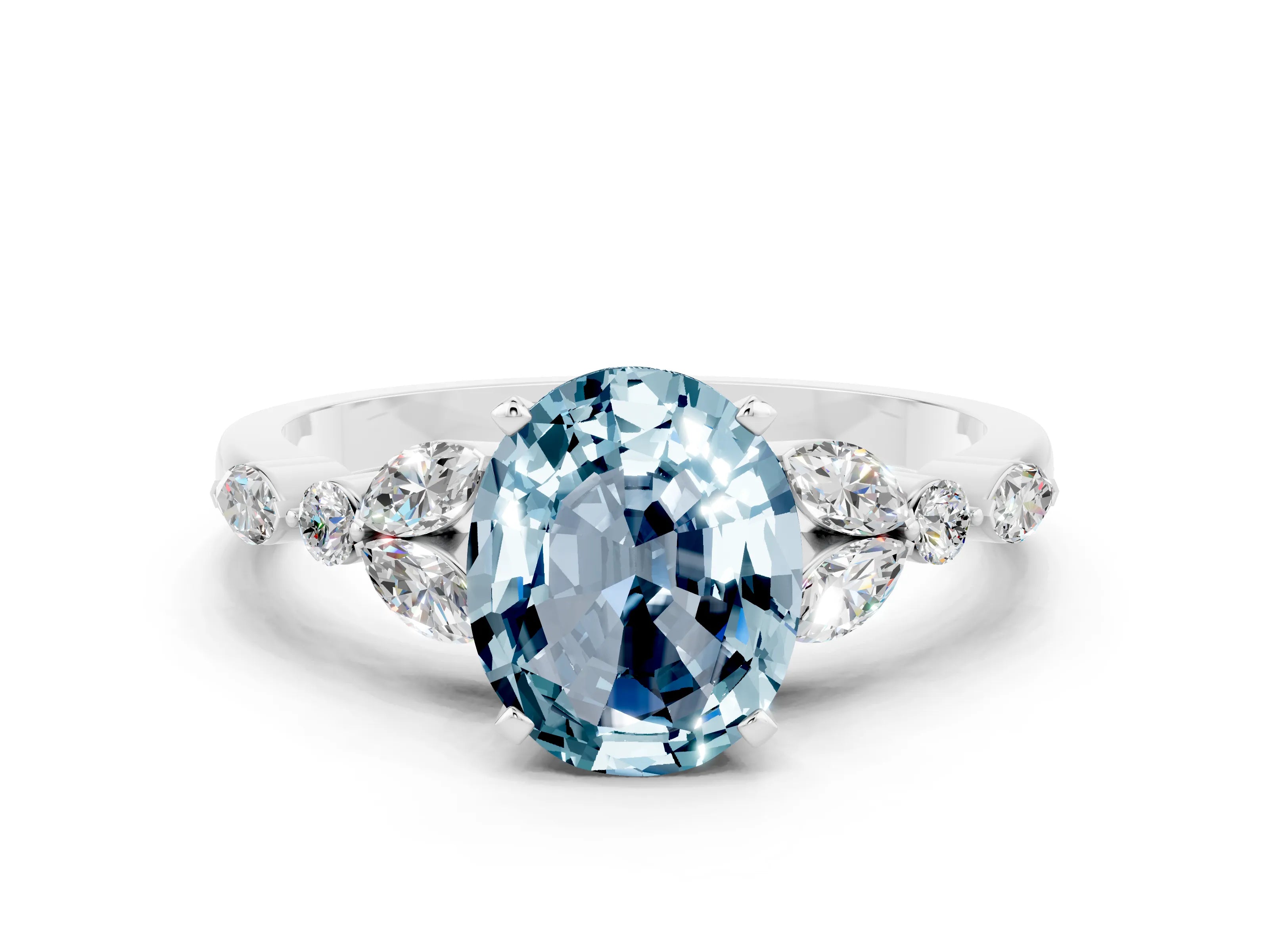 White gold Oval Cut Aquamarine Solitaire Ring with Side Stones and Four-Prong Setting_42