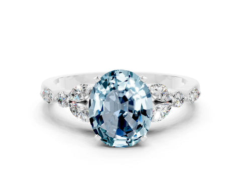 White gold Oval Cut Aquamarine Solitaire Ring with Side Stones and Four-Prong Setting_42