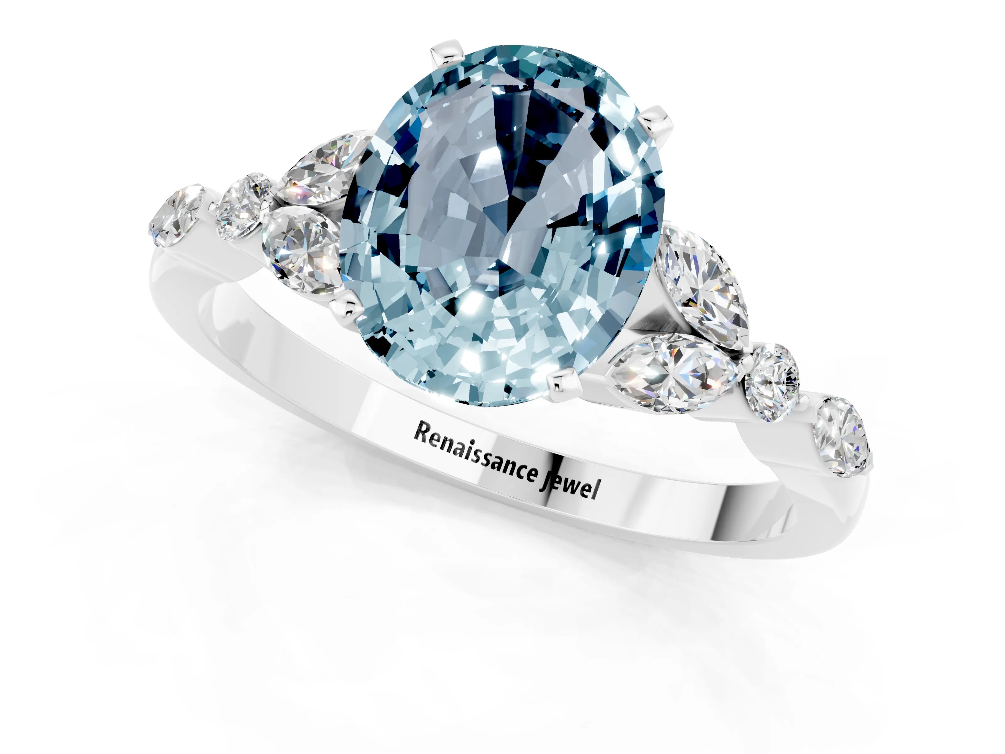 White gold Oval Cut Aquamarine Solitaire Ring with Side Stones and Four-Prong Setting_43