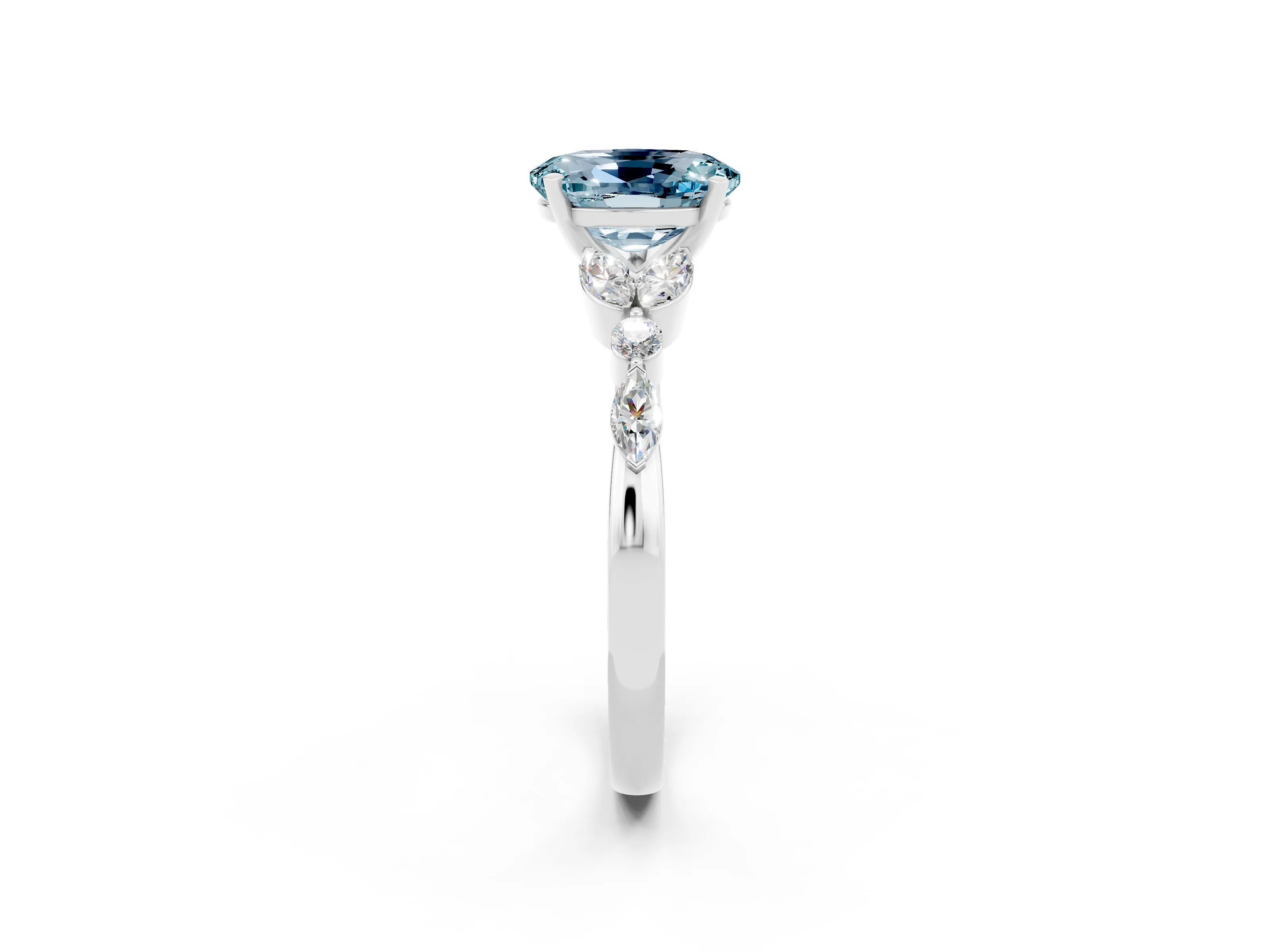 White gold Oval Cut Aquamarine Solitaire Ring with Side Stones and Four-Prong Setting_44