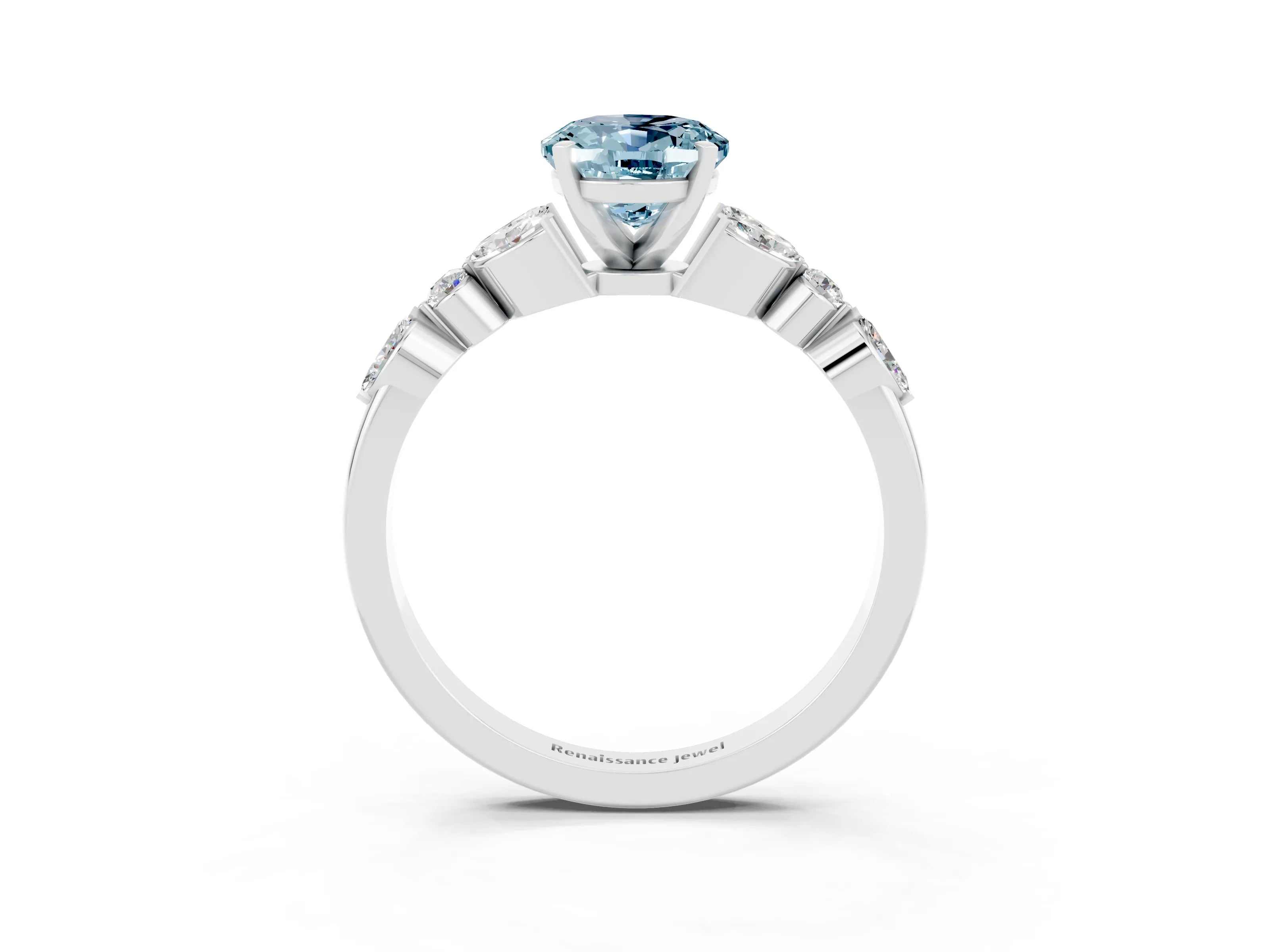 White gold Oval Cut Aquamarine Solitaire Ring with Side Stones and Four-Prong Setting_45