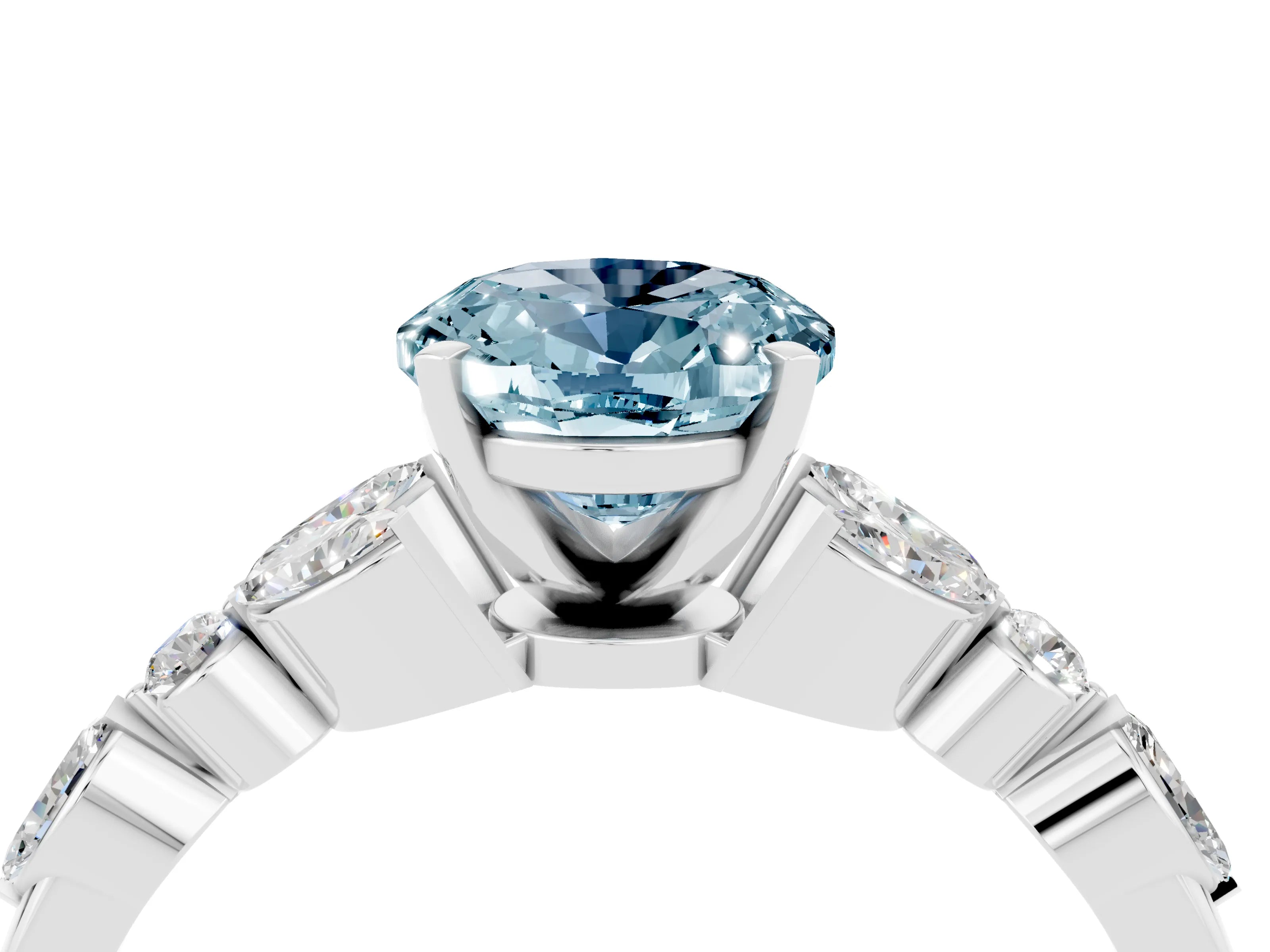 White gold Oval Cut Aquamarine Solitaire Ring with Side Stones and Four-Prong Setting_46
