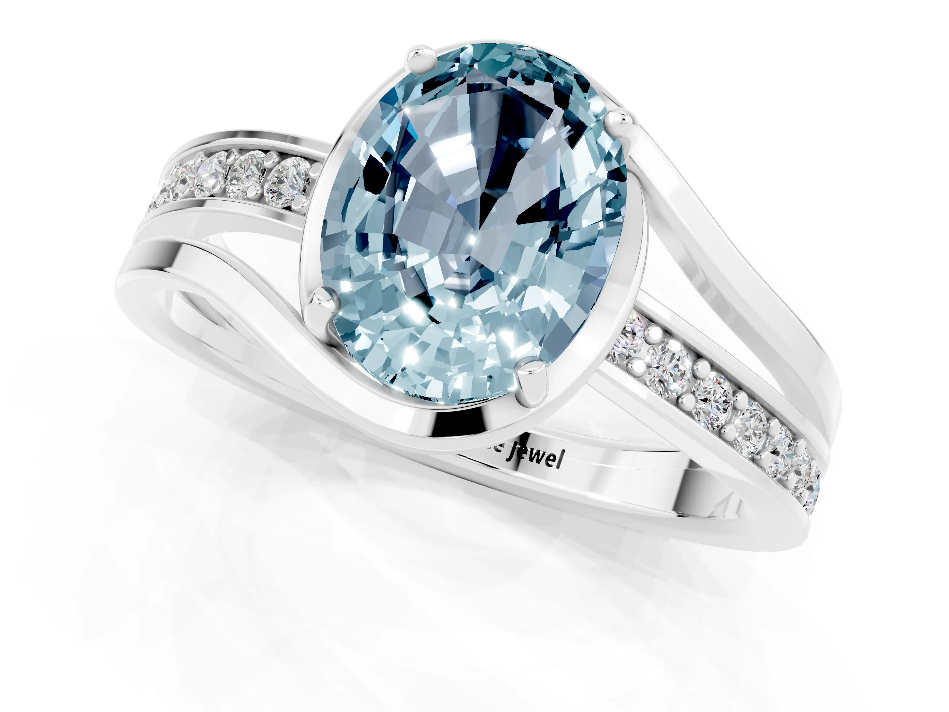 White gold Oval Cut Aquamarine Solitaire Ring with Split Shank and Prong Setting_1