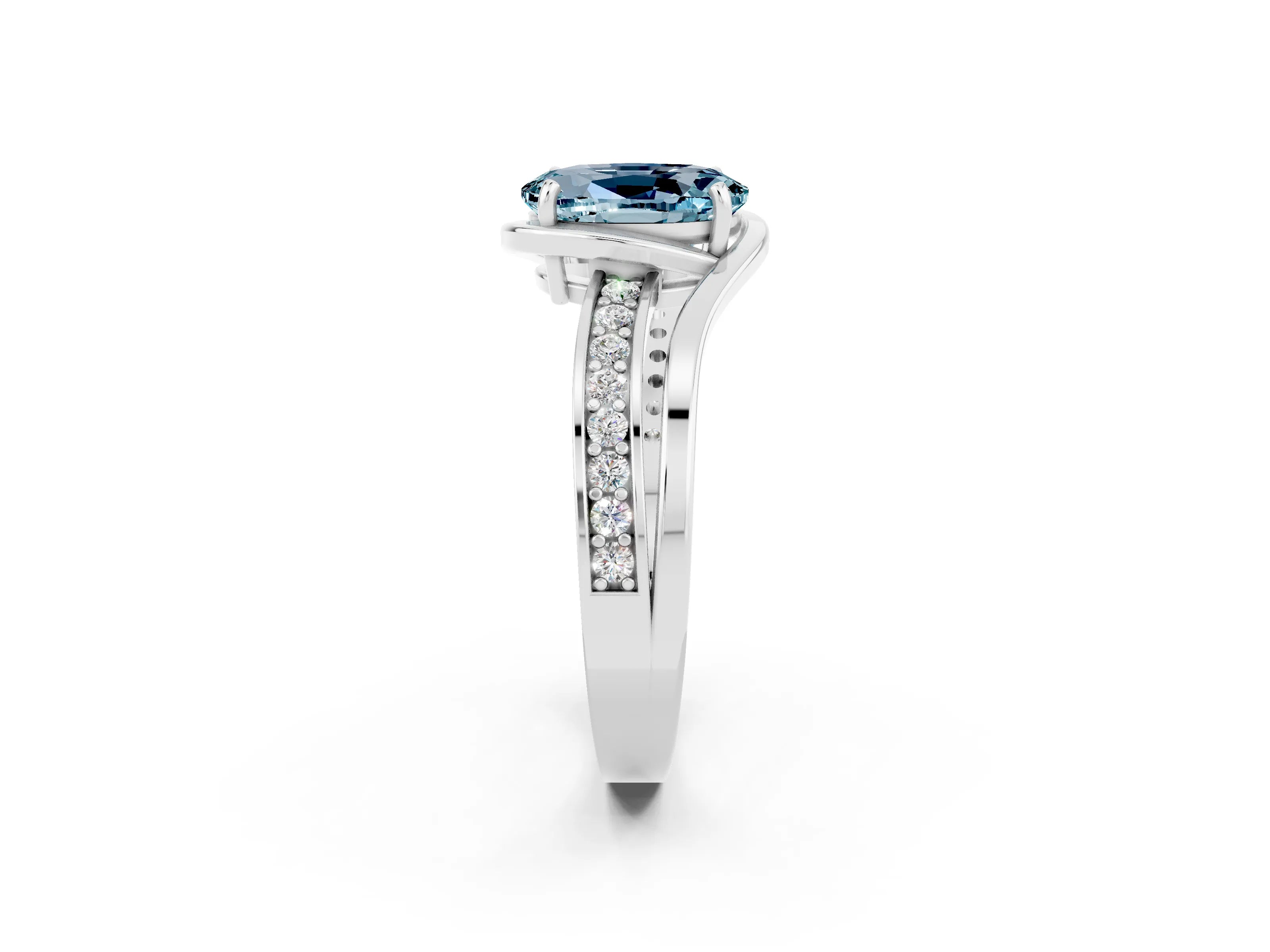 White gold Oval Cut Aquamarine Solitaire Ring with Split Shank and Prong Setting_2