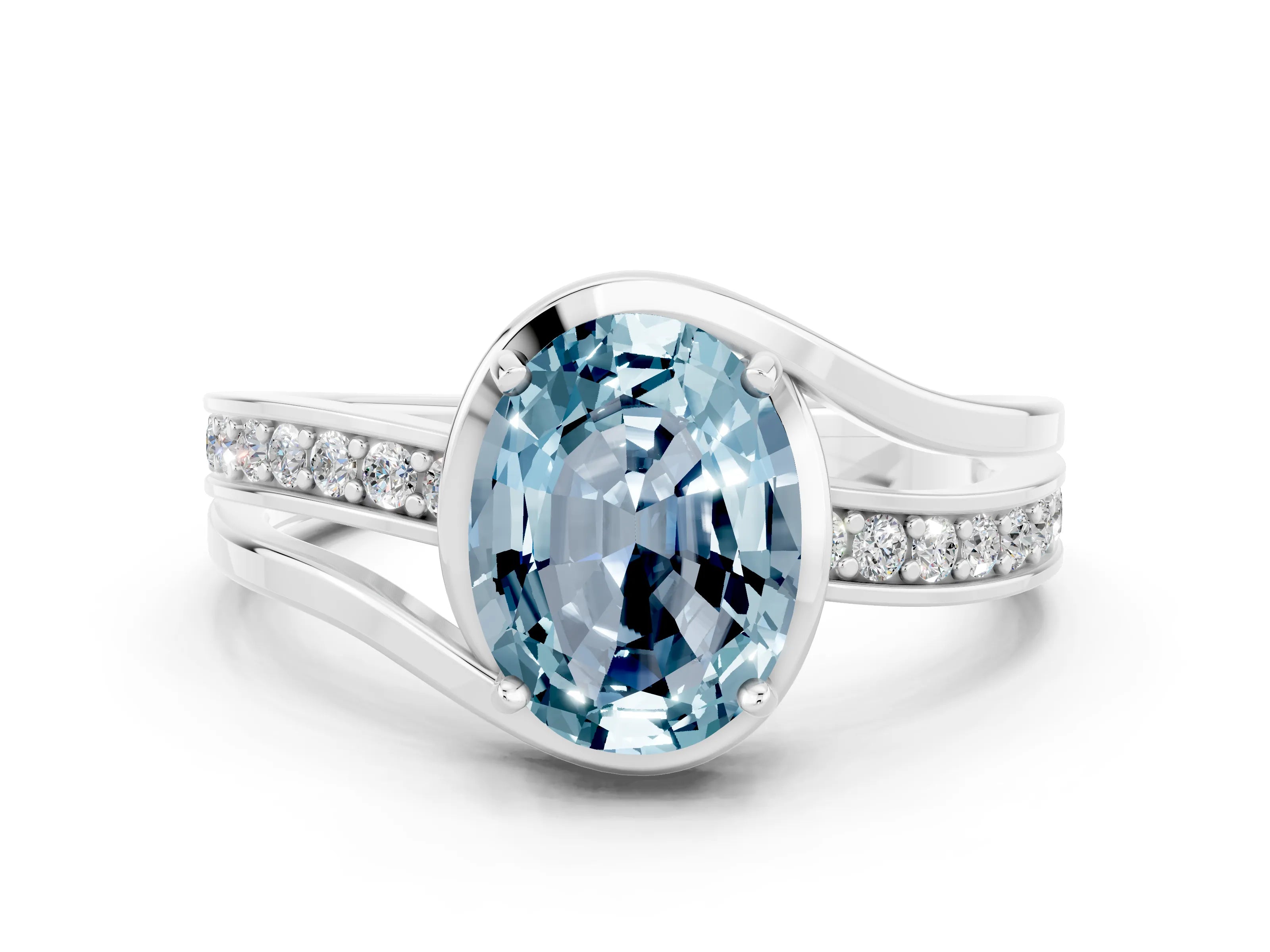 White gold Oval Cut Aquamarine Solitaire Ring with Split Shank and Prong Setting