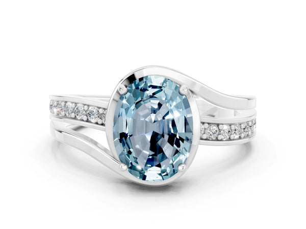 White gold Oval Cut Aquamarine Solitaire Ring with Split Shank and Prong Setting