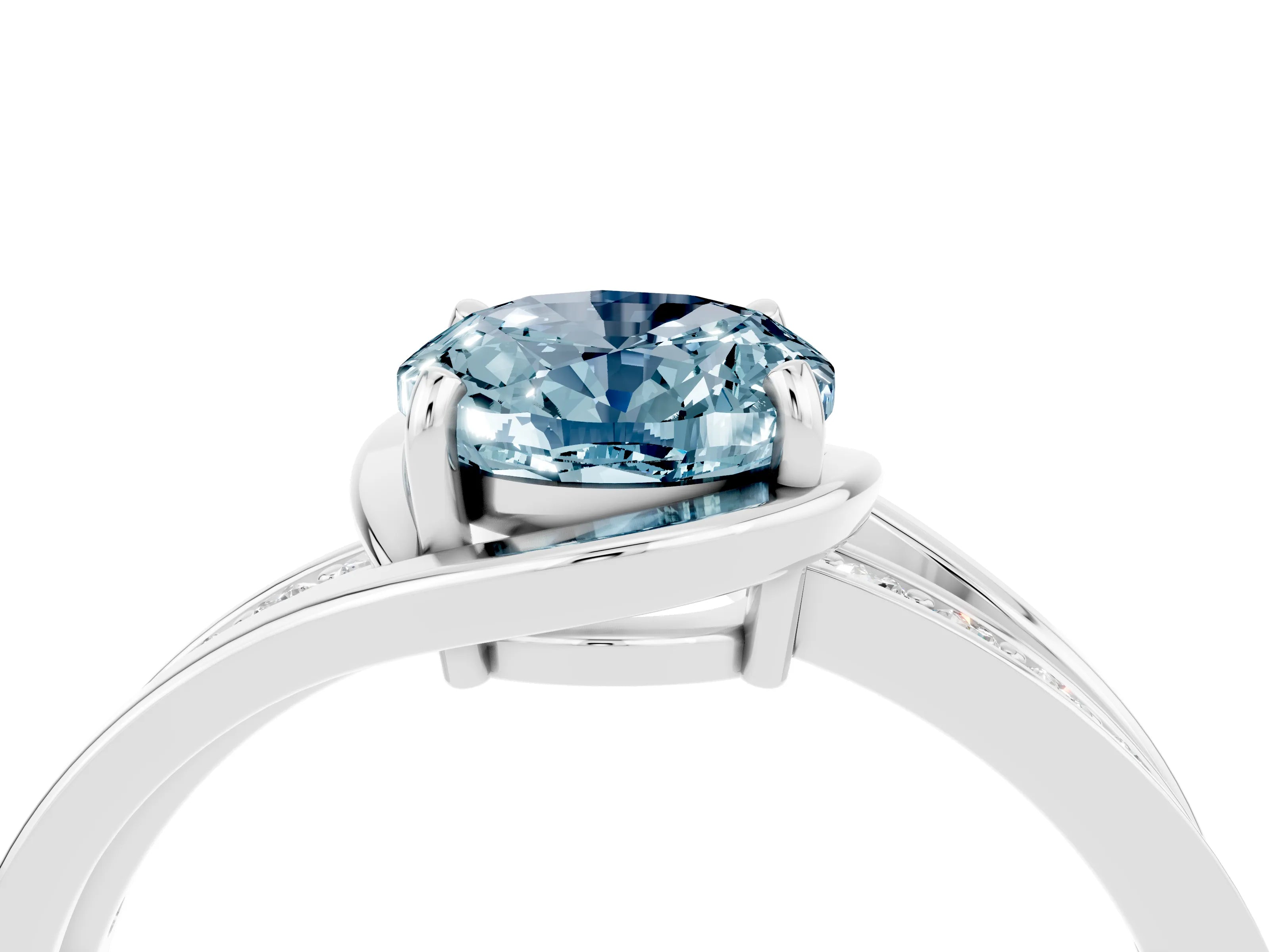 White gold Oval Cut Aquamarine Solitaire Ring with Split Shank and Prong Setting_4
