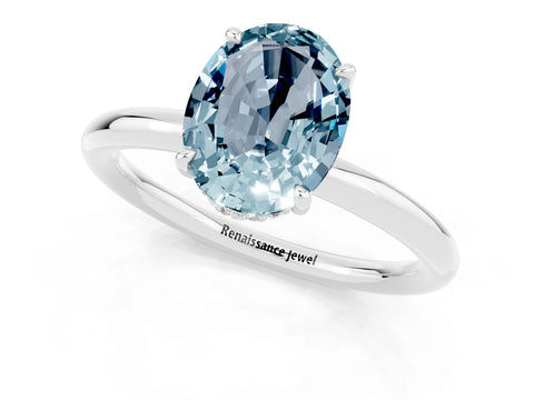 White gold Oval Cut Aquamarine Solitaire Ring with Thin Band and Four-Prong Setting_13