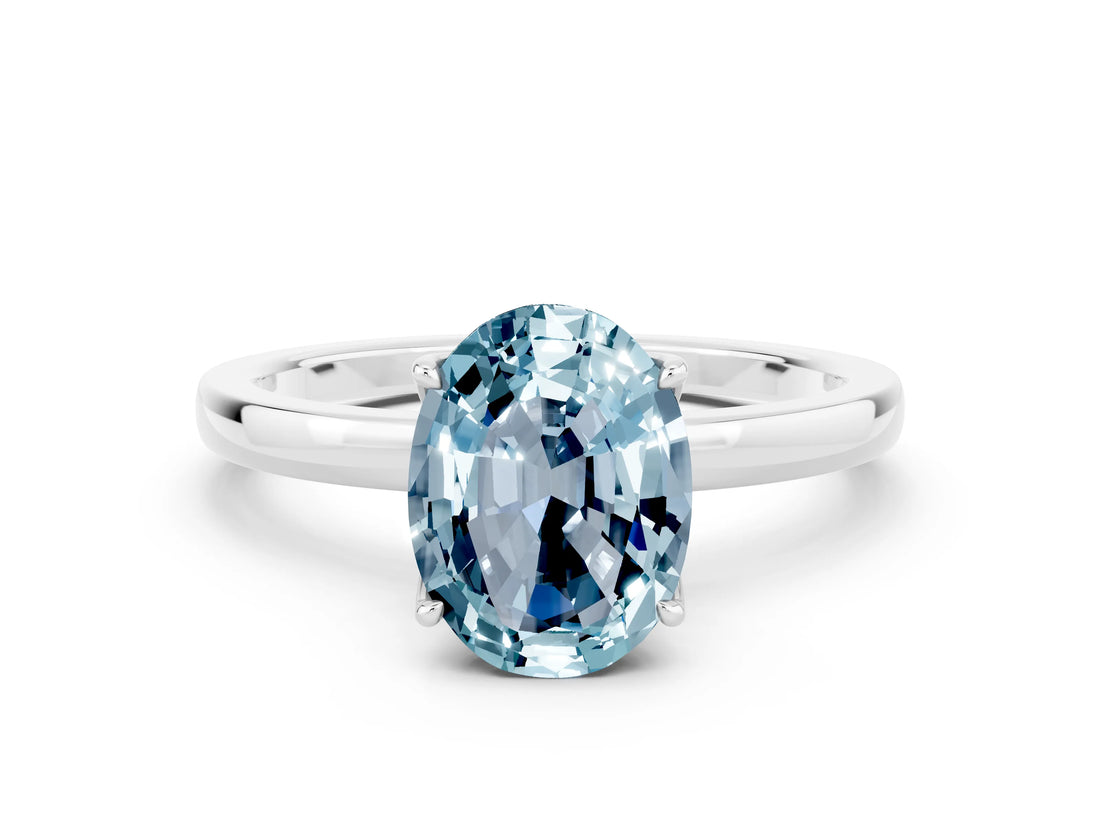 White gold Oval Cut Aquamarine Solitaire Ring with Thin Band and Prong Setting_12