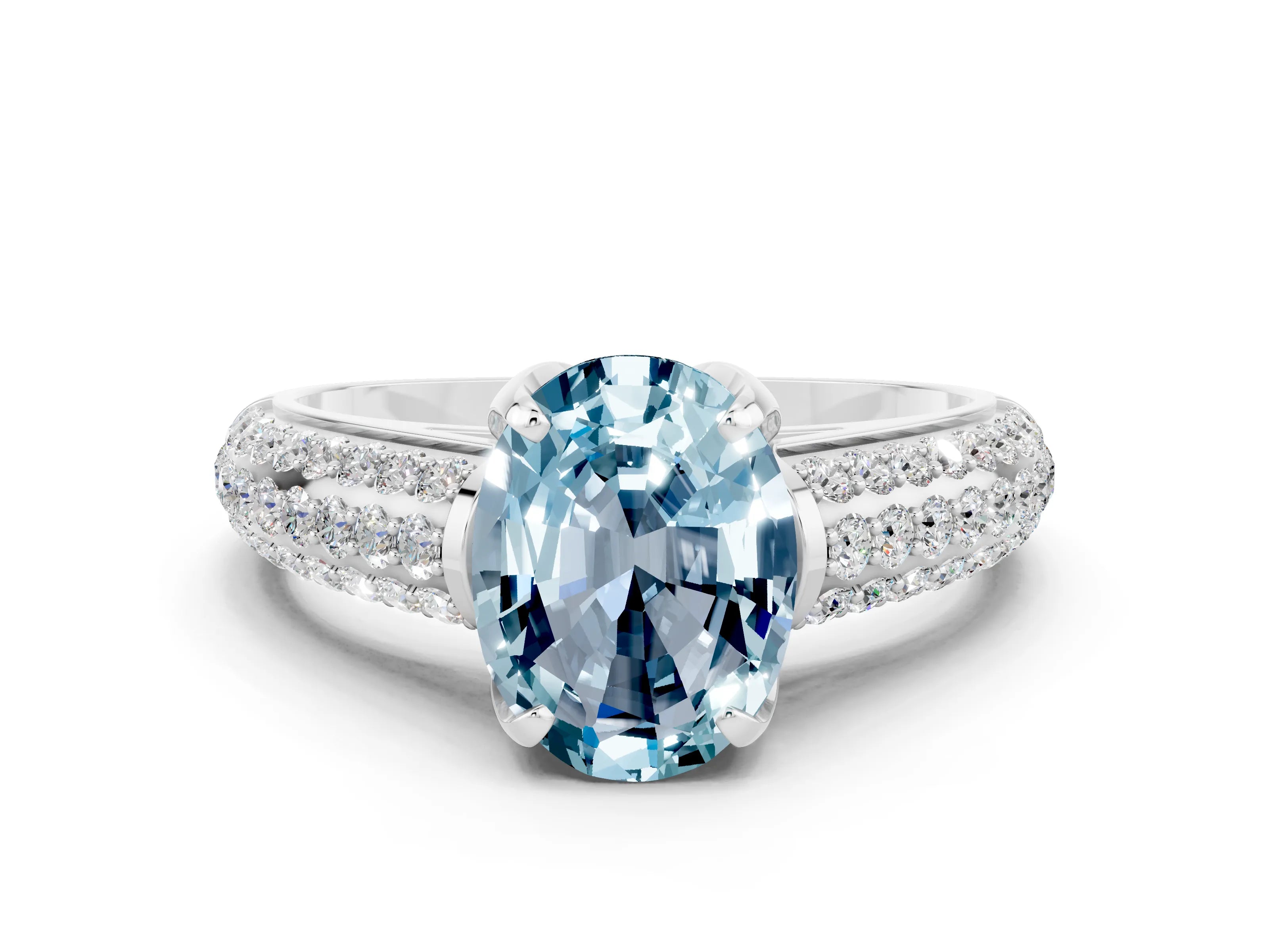White gold Oval Cut Aquamarine Solitaire Ring with Three-Row Pavé Band and Four-Prong Setting_12