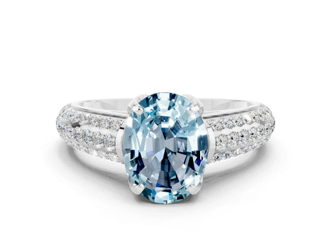 White gold Oval Cut Aquamarine Solitaire Ring with Three-Row Pavé Band and Four-Prong Setting_12