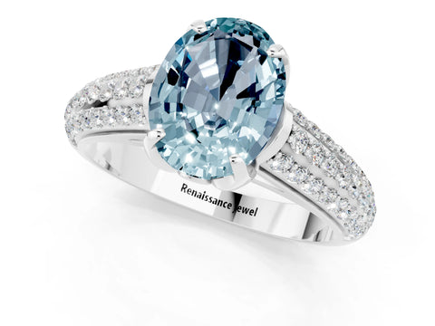 White gold Oval Cut Aquamarine Solitaire Ring with Three-Row Pavé Band and Four-Prong Setting_13