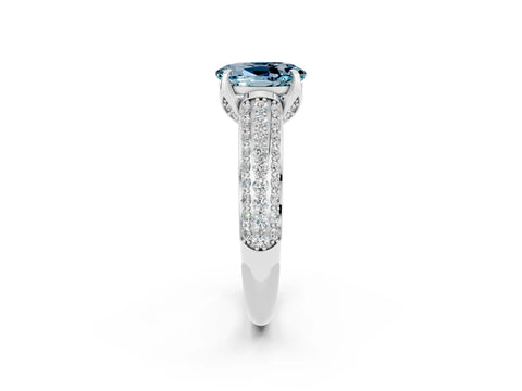 White gold Oval Cut Aquamarine Solitaire Ring with Three-Row Pavé Band and Four-Prong Setting_14