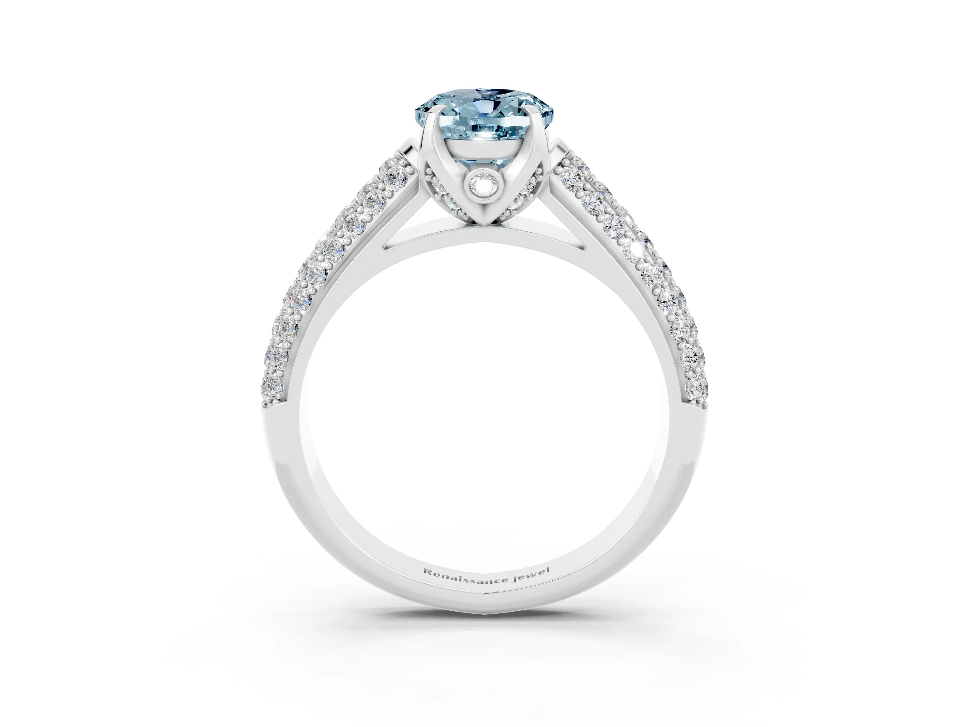 White gold Oval Cut Aquamarine Solitaire Ring with Three-Row Pavé Band and Four-Prong Setting_15