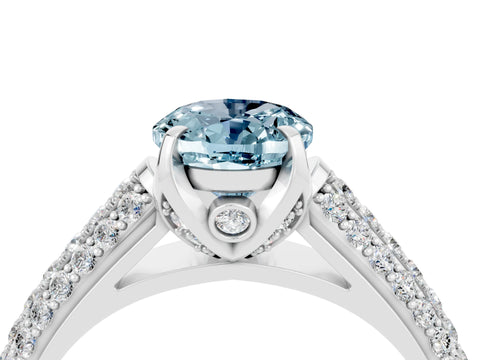 White gold Oval Cut Aquamarine Solitaire Ring with Three-Row Pavé Band and Four-Prong Setting_16