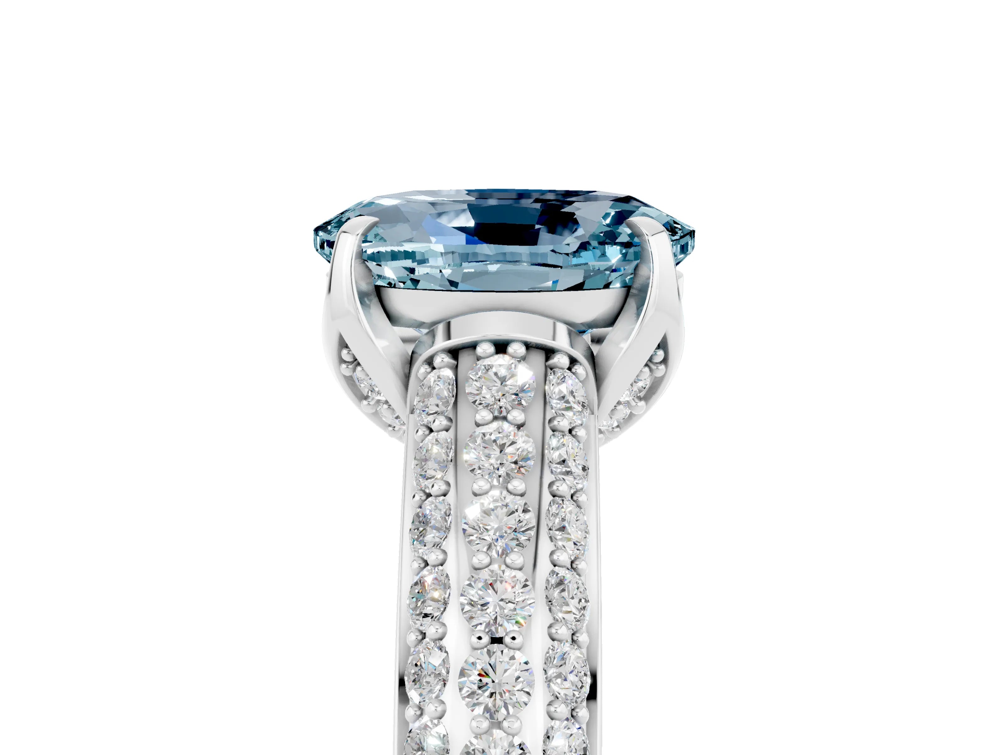 White gold Oval Cut Aquamarine Solitaire Ring with Three-Row Pavé Band and Four-Prong Setting_17