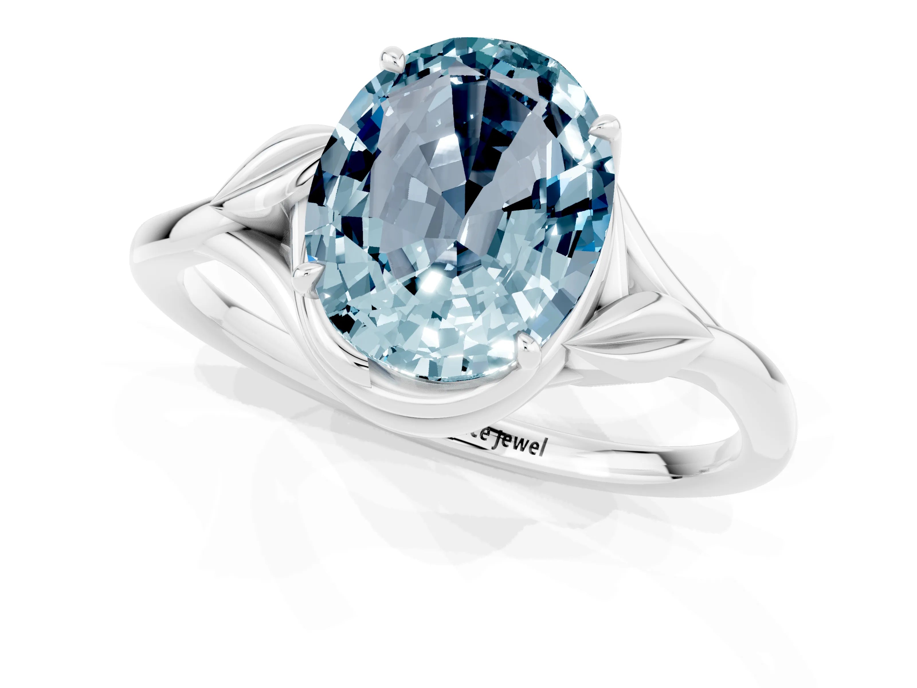 White gold Oval Cut Aquamarine Solitaire Ring with Twist Band and Four-Prong Setting_13