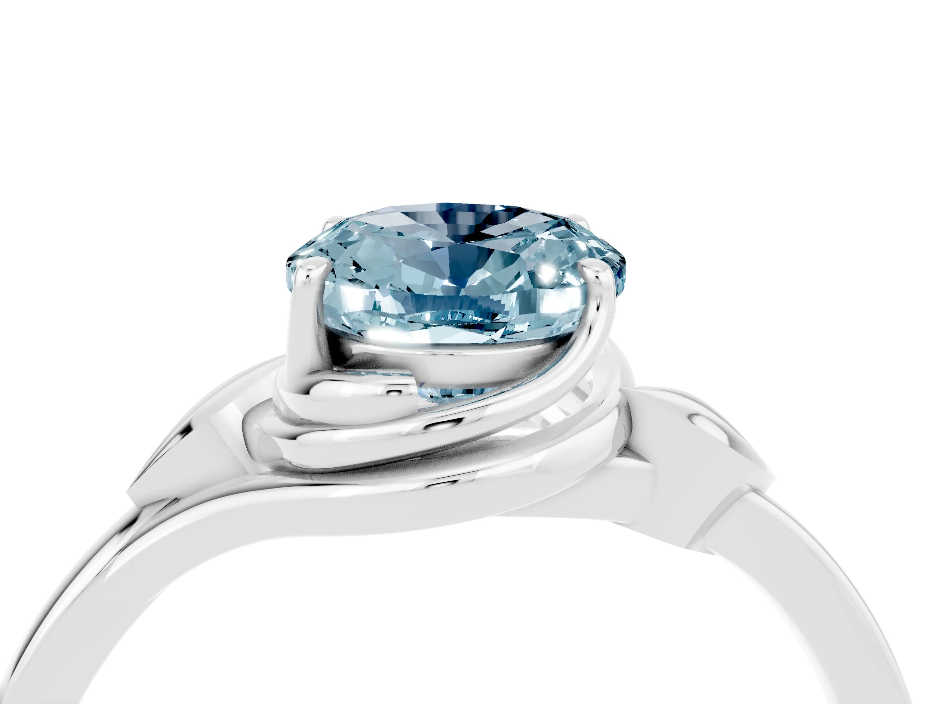 White gold Oval Cut Aquamarine Solitaire Ring with Twist Band and Four-Prong Setting_16