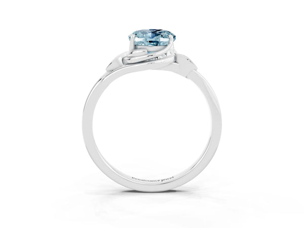 White gold Oval Cut Aquamarine Solitaire Ring with Twist Band and Four-Prong Setting