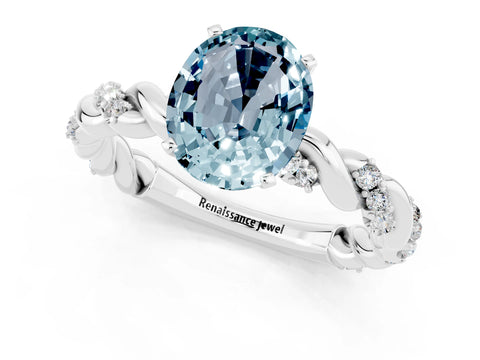 White gold Oval Cut Aquamarine Solitaire Ring with Twisted Band and Pavé Accents_1