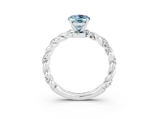 Platinum Oval Cut Aquamarine Solitaire Ring with Twisted Band and Pavé Accents