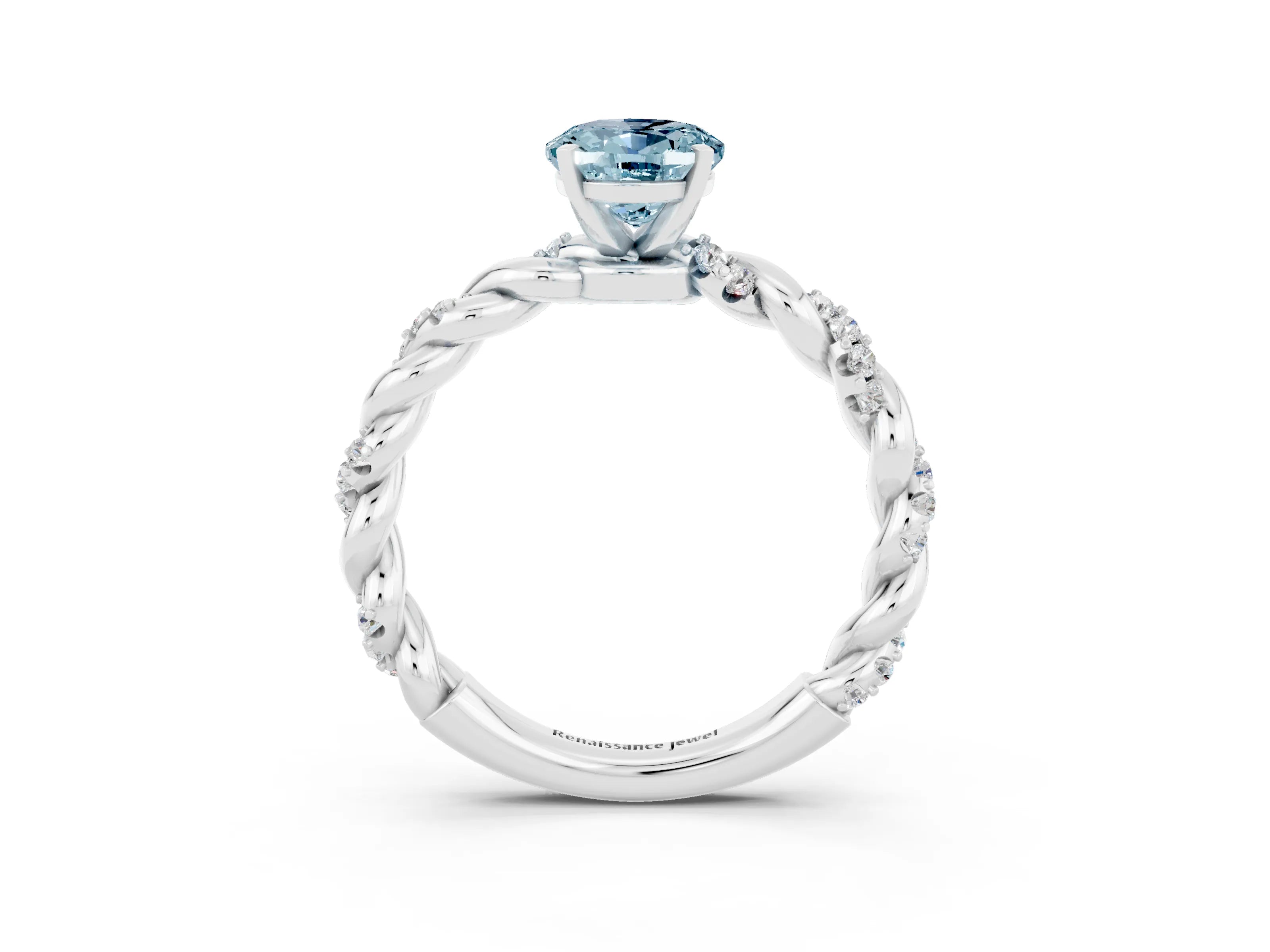 White gold Oval Cut Aquamarine Solitaire Ring with Twisted Band and Pavé Accents_3
