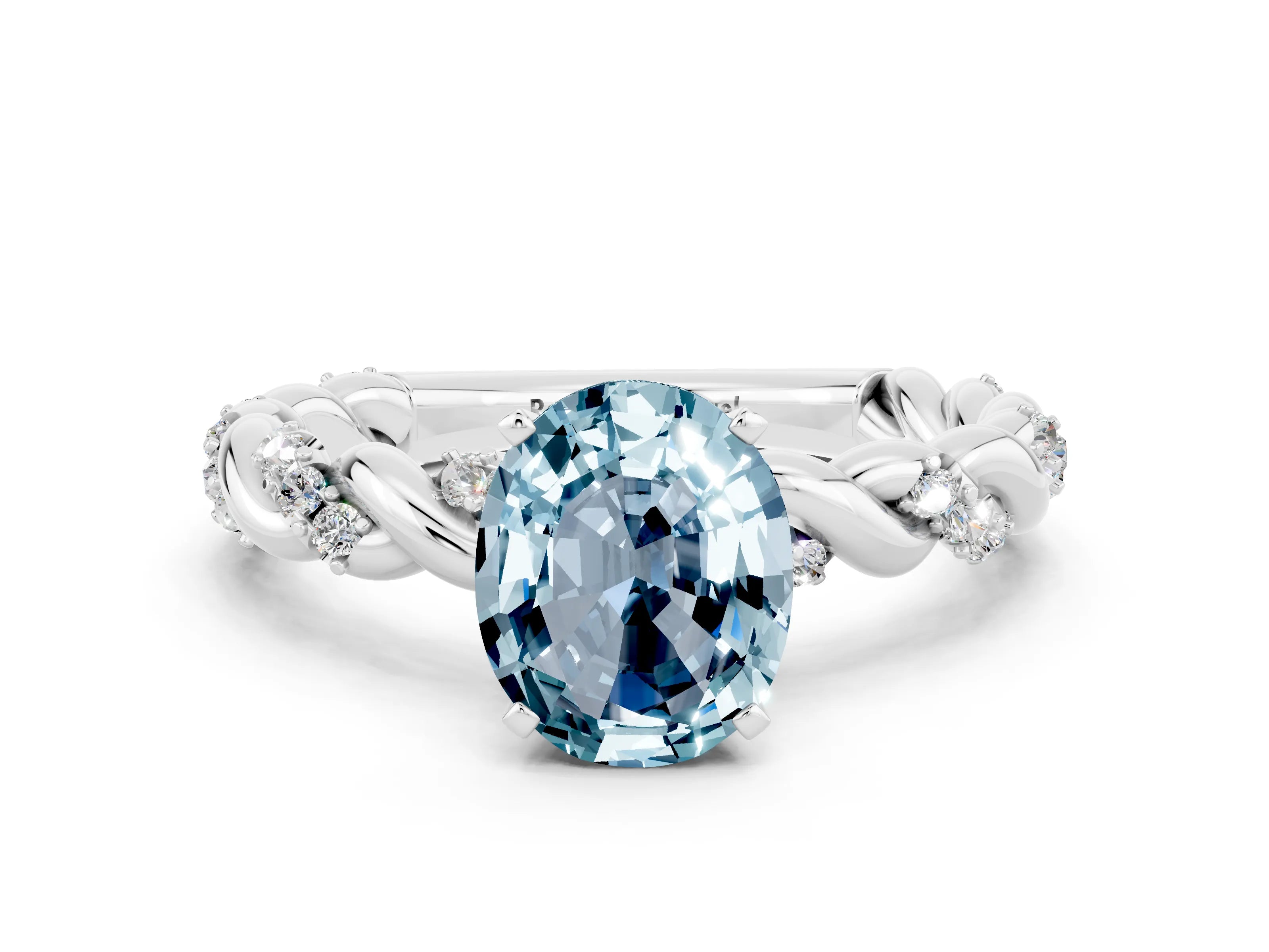 White gold Oval Cut Aquamarine Solitaire Ring with Twisted Band and Pavé Accents