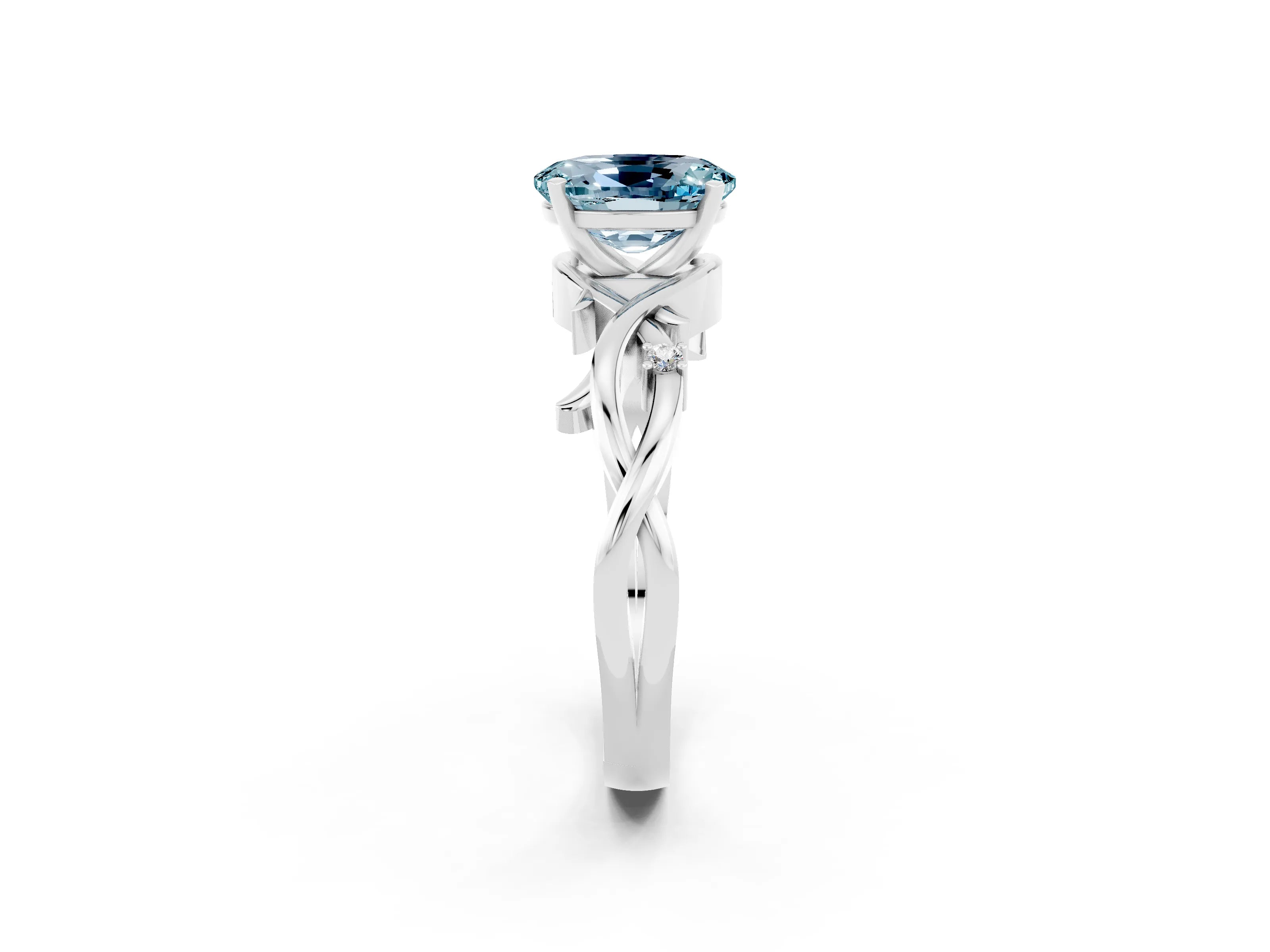 White gold Oval Cut Aquamarine Solitaire Ring with Twisted Band and Prong Setting_14