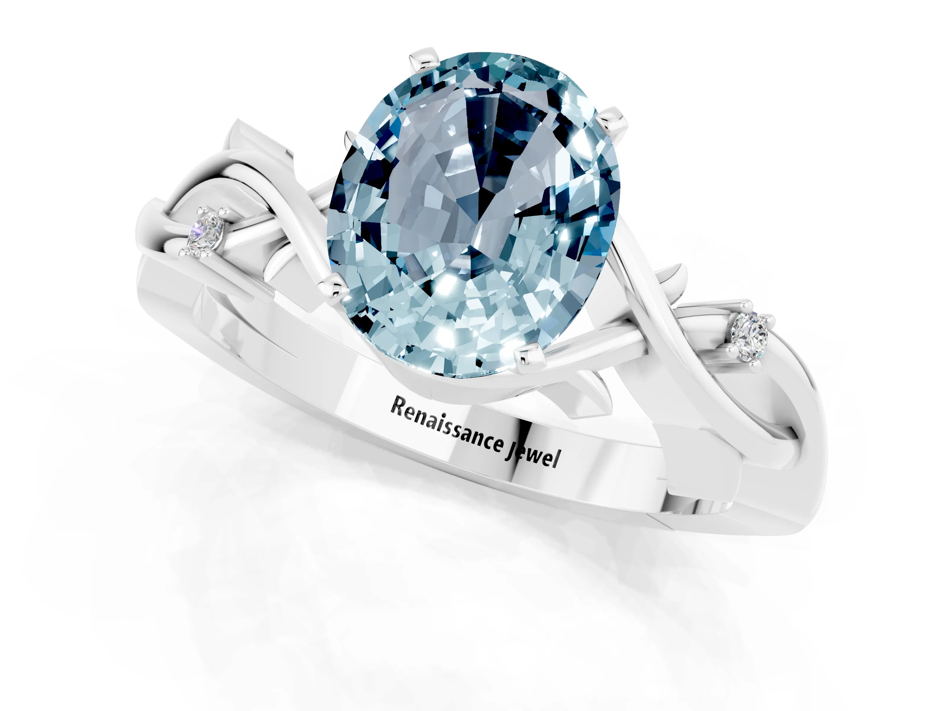 White gold Oval Cut Aquamarine Solitaire Ring with Twisted Band and Prong Setting_1