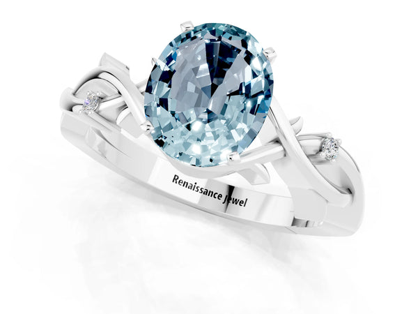 Silver Oval Cut Aquamarine Solitaire Ring with Twisted Band and Prong Setting
