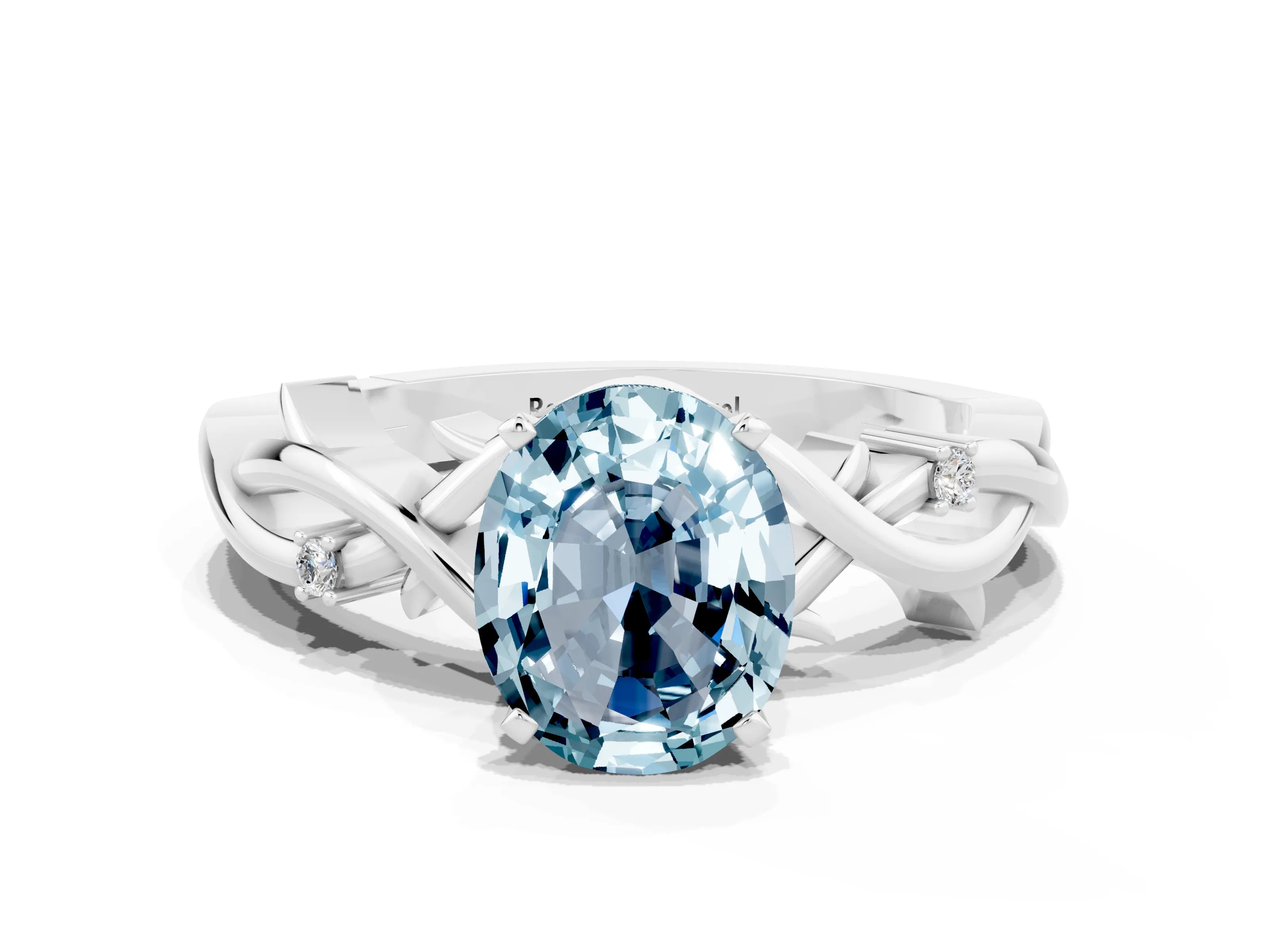 White gold Oval Cut Aquamarine Solitaire Ring with Twisted Band and Prong Setting