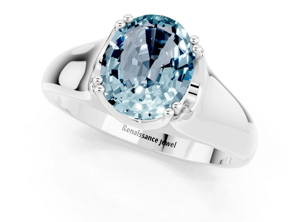 Silver Oval Cut Aquamarine Solitaire Ring with Wide Band and Prong Setting