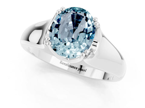 White gold Oval Cut Aquamarine Solitaire Ring with Wide Band and Prong Setting_1