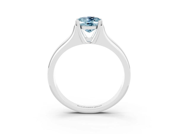 Silver Oval Cut Aquamarine Solitaire Ring with Wide Band and Prong Setting