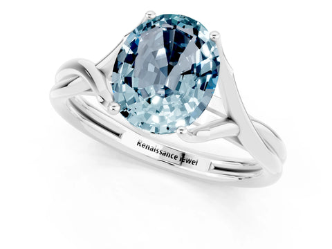 White gold Oval Cut Aquamarine Solitaire Twist Band Prong Setting Ring_37