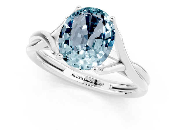 White gold Oval Cut Aquamarine Solitaire Twist Band Prong Setting Ring