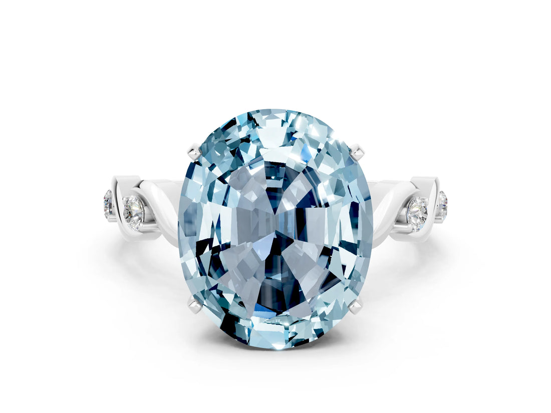 White gold Oval Cut Aquamarine Solitaire Twisted Band with Round  Accents and Prong Setting_12