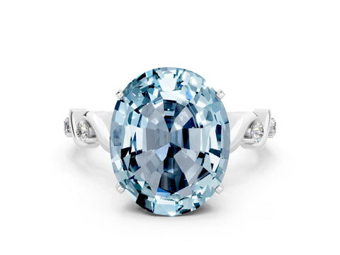 White gold Oval Cut Aquamarine Solitaire Twisted Band with Round  Accents and Prong Setting_12