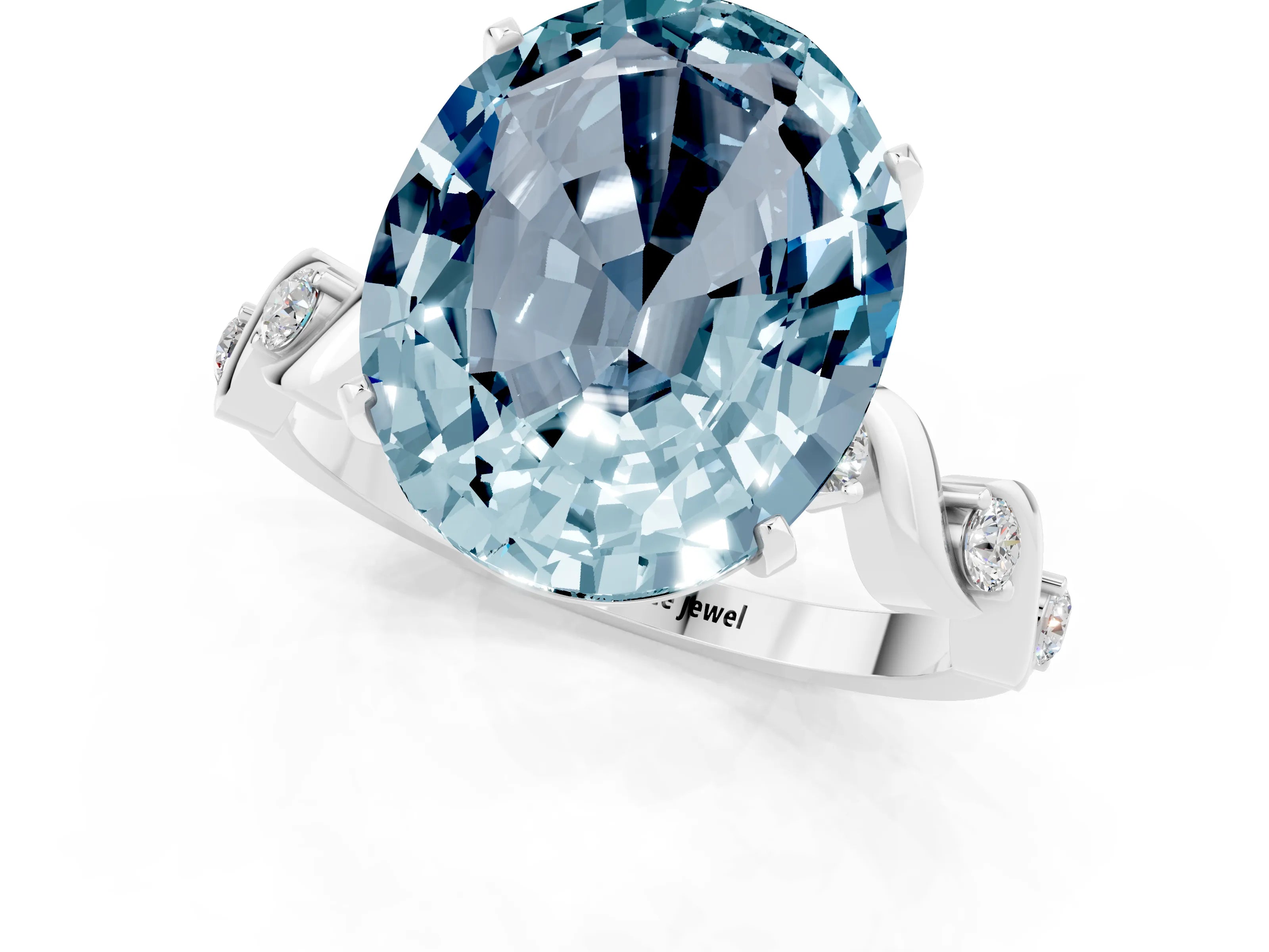White gold Oval Cut Aquamarine Solitaire Twisted Band with Round  Accents and Prong Setting_13