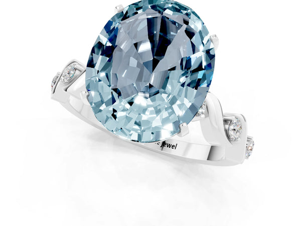 Silver Oval Cut Aquamarine Solitaire Twisted Band with Round  Accents and Prong Setting