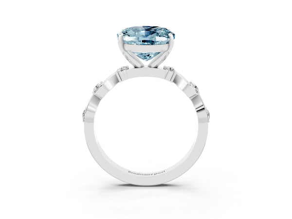 Platinum Oval Cut Aquamarine Solitaire Twisted Band with Round  Accents and Prong Setting
